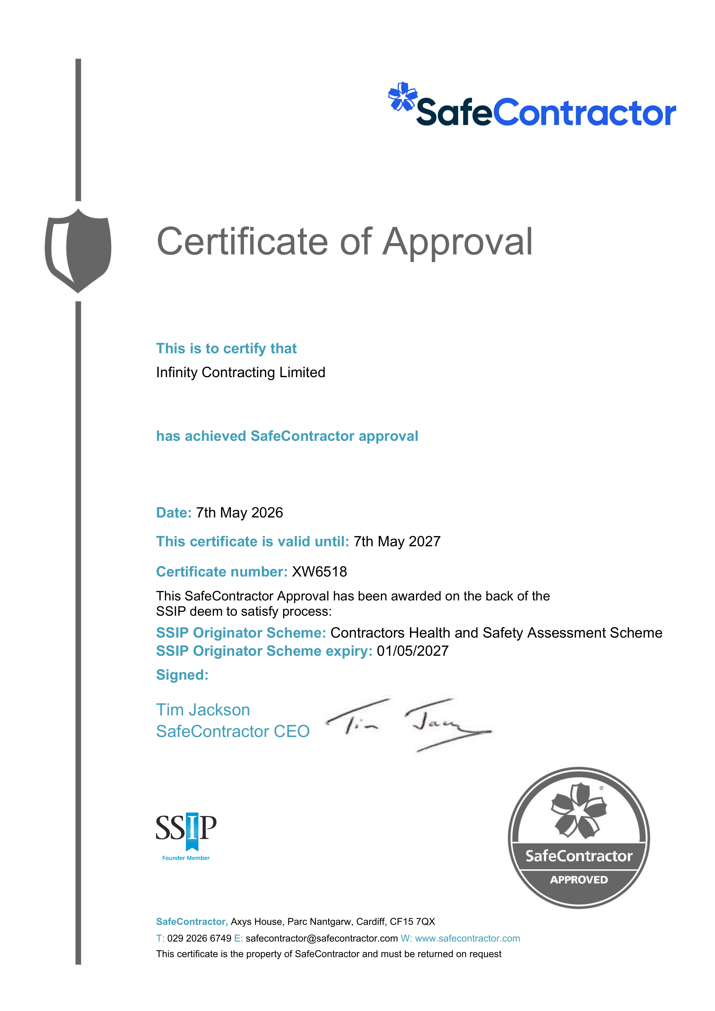 SafeContractor Certificate
